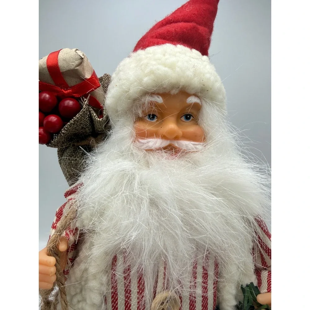 Vintage Style Standing Santa Claus Figurine Red White Striped Shirt Wreath